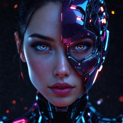 The primary subject of the image is a woman with a futuristic, cyberpunk appearance. She has a mix of human and robotic features, including a robotic face with glowing eyes. The setting is a dark, futuristic environment, with a backdrop of flames. The visual style is a combination of photo and digital art, creating a striking and unique image. The colors and mood are predominantly dark and mysterious, with the glowing eyes adding a touch of intrigue and allure